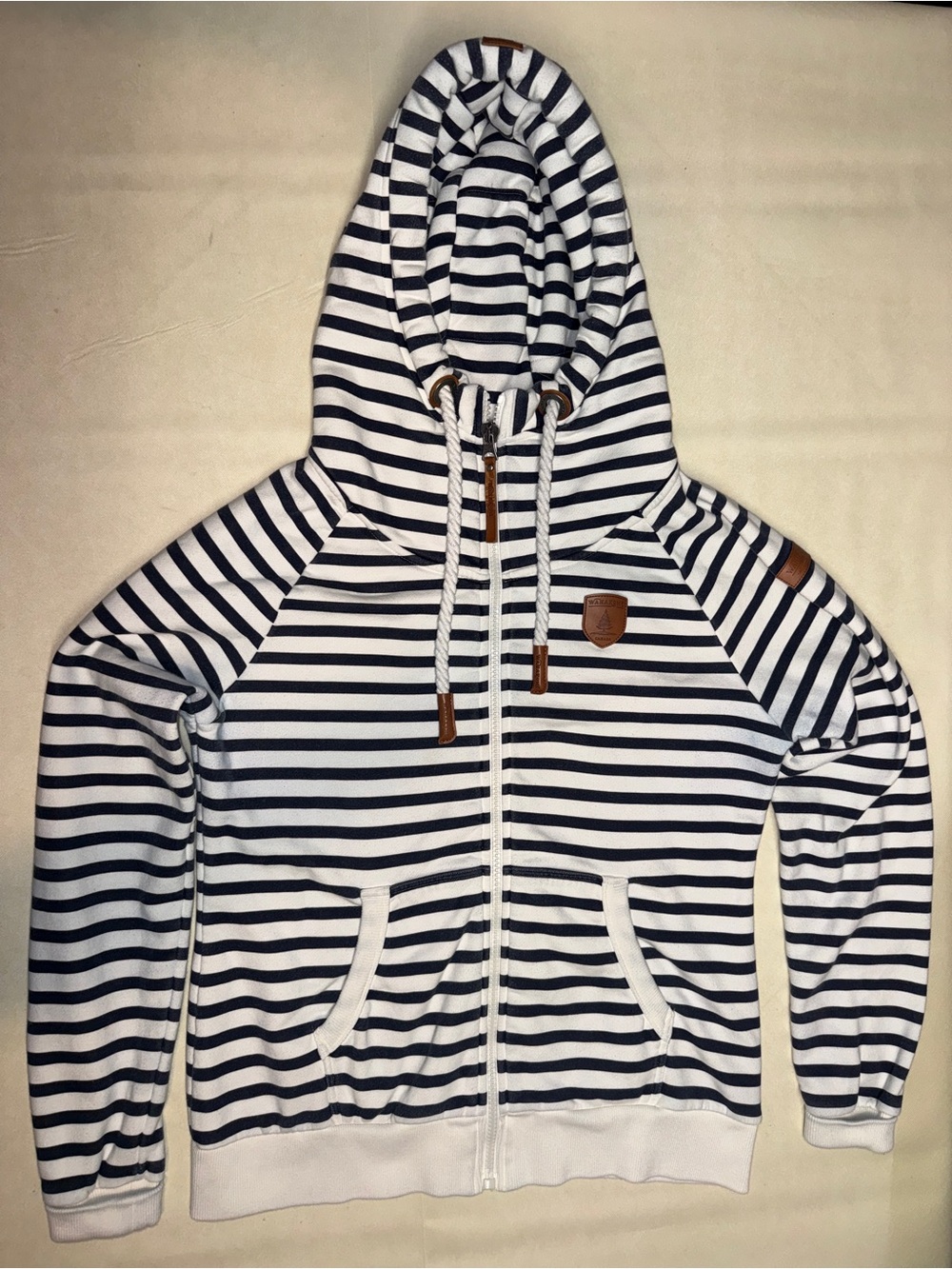 Wanakome Navy and White Striped Hooded Zip-Up